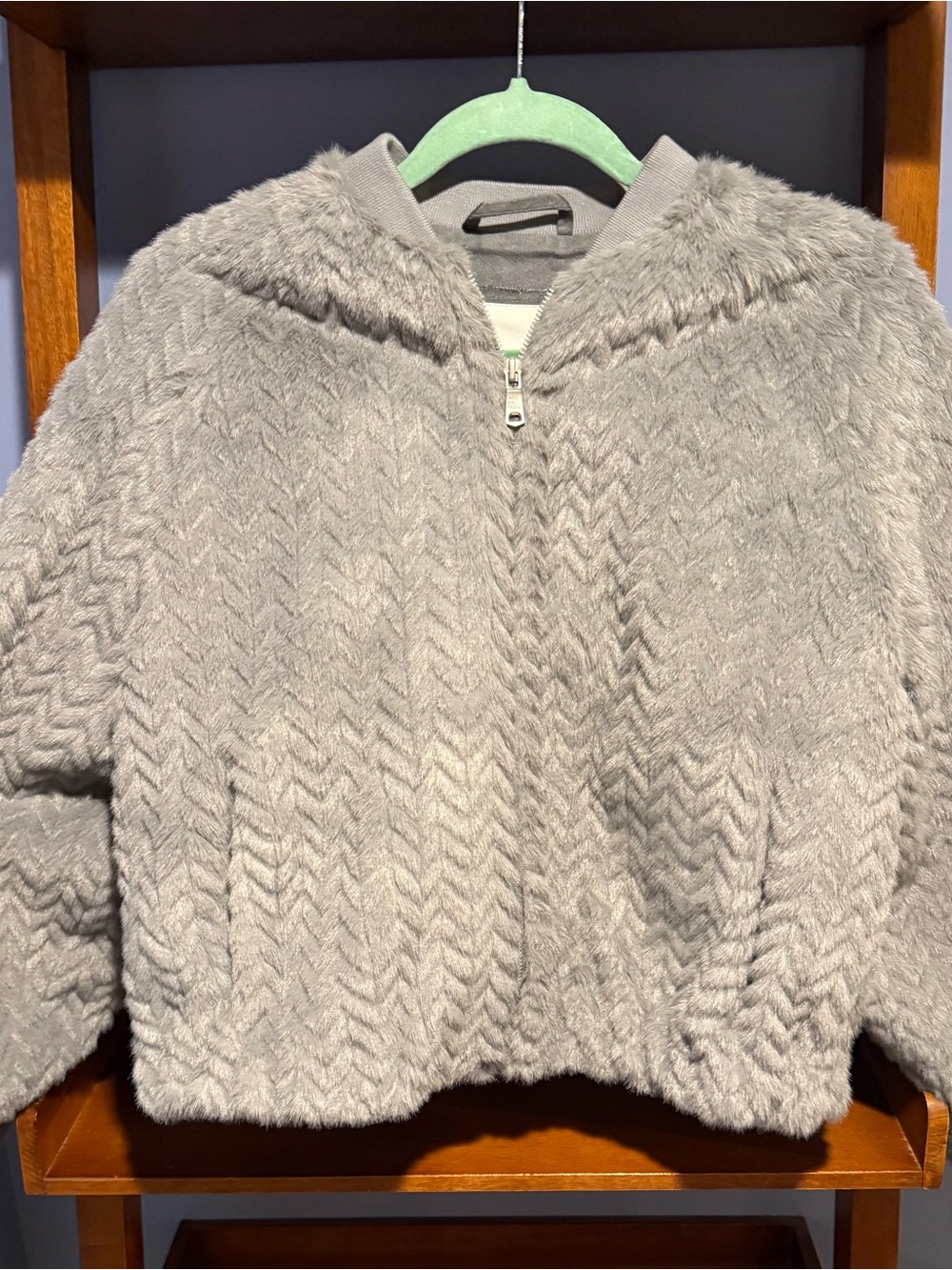 Avec Les Filles Light Gray Faux Fur Chevron Zip Hoodie